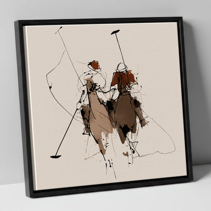 Polo Pursuit polo horse canvas wall art in black frame