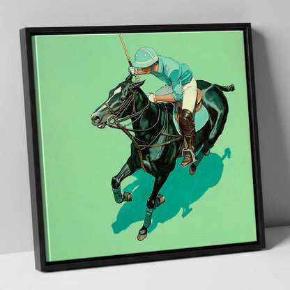 The Teal Chukka polo horse canvas wall art in black frame