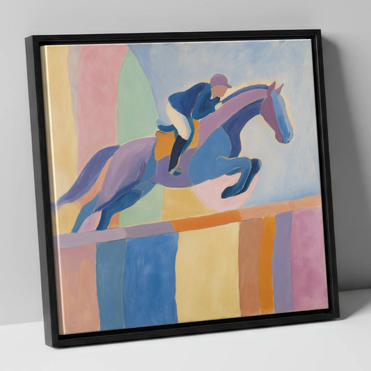 Harmonious Leap show jumping horse canvas wall art in black frame