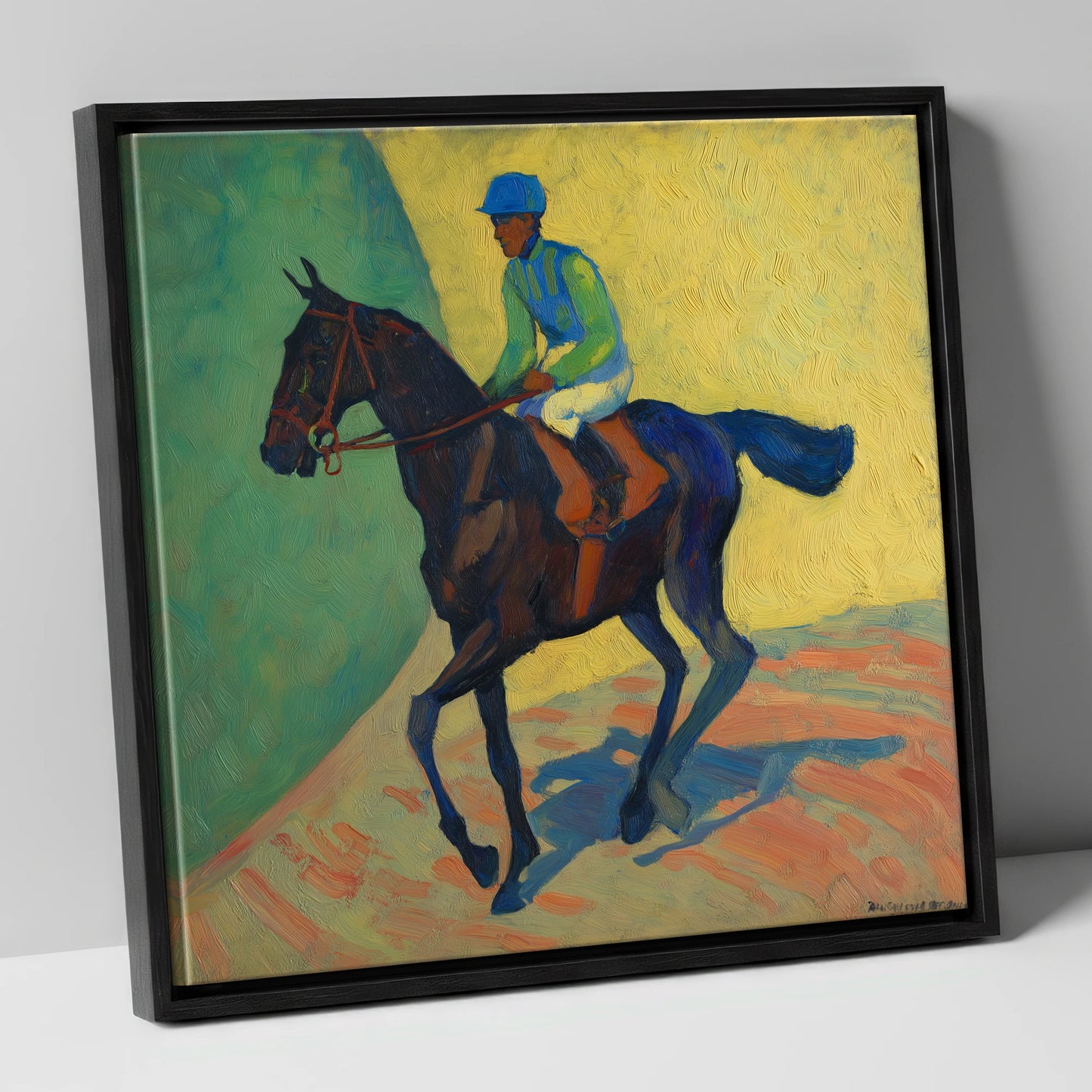 Vibrant Walk to Post racing horse canvas wall art in black frame
