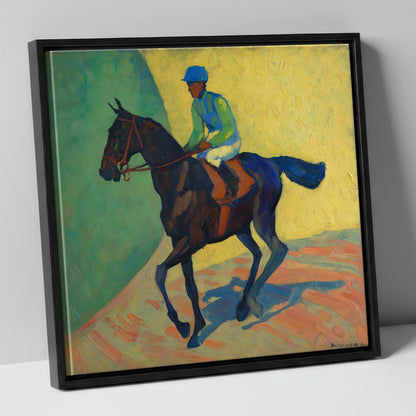 Vibrant Walk to Post racing horse canvas wall art in black frame