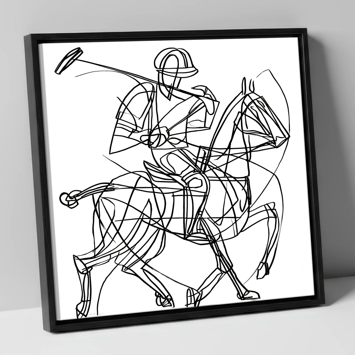 Linear Polo Strike polo horse canvas wall art in black frame