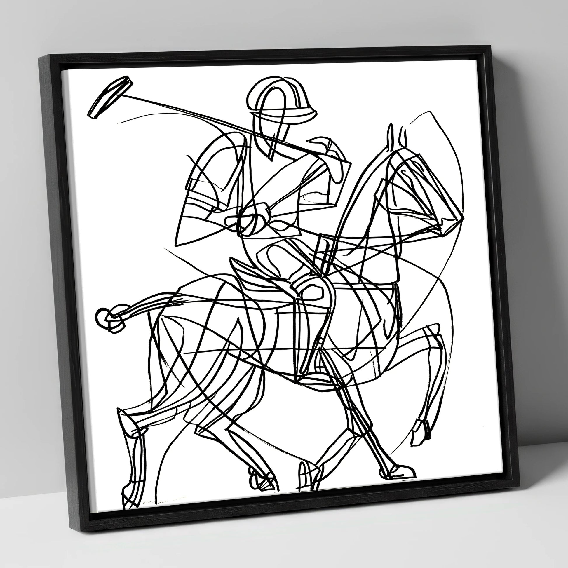 Linear Polo Strike polo horse canvas wall art in black frame