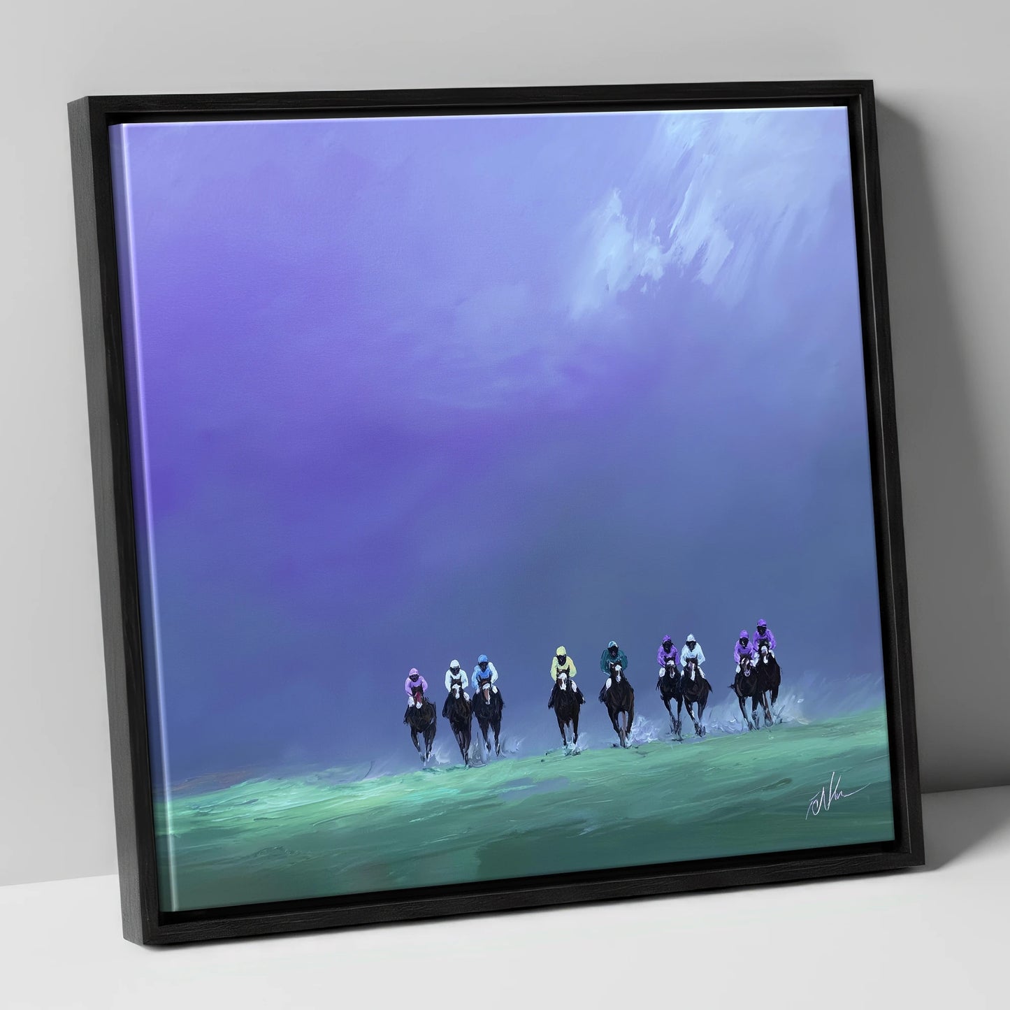 Charge Under Violet Skies racing horse canvas wall art in black frame