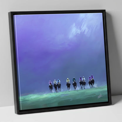 Charge Under Violet Skies racing horse canvas wall art in black frame