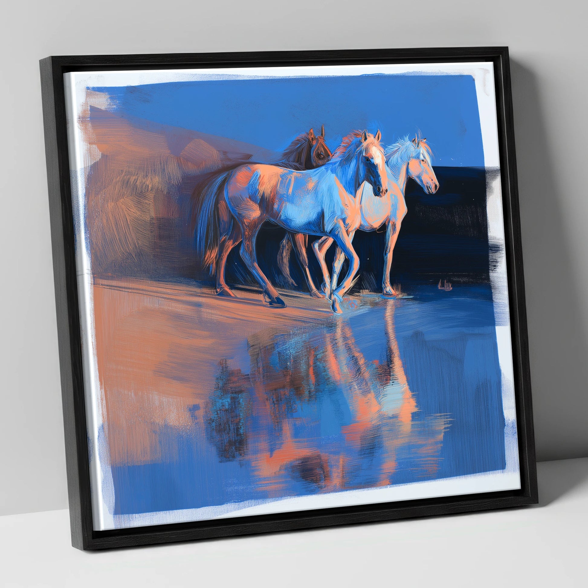 Wild Reflections at Dawn wild horses canvas wall art in black frame