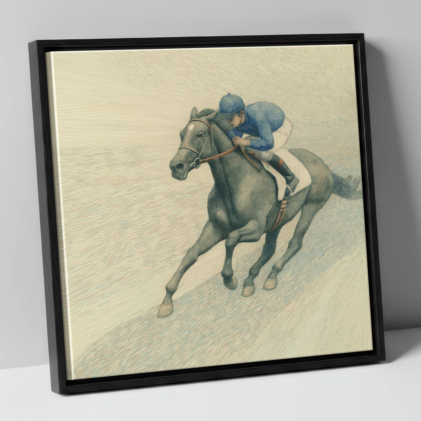The Slate Grey Gallop racing horse canvas wall art in black frame