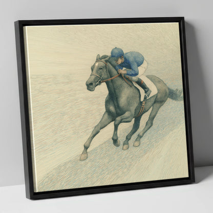 The Slate Grey Gallop racing horse canvas wall art in black frame