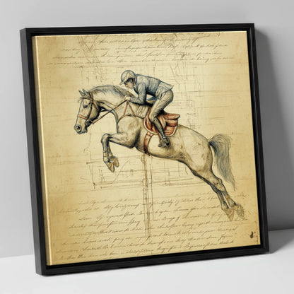 The Scholar's Jump show jumping horse canvas wall art in black frame