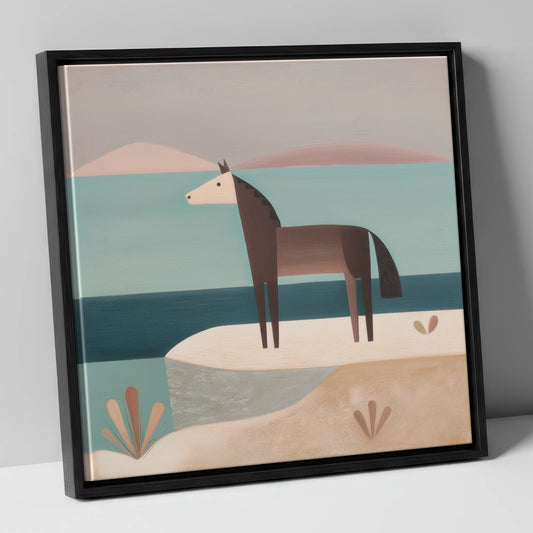 Coastal Solitude horse landscape canvas wall art in black frame