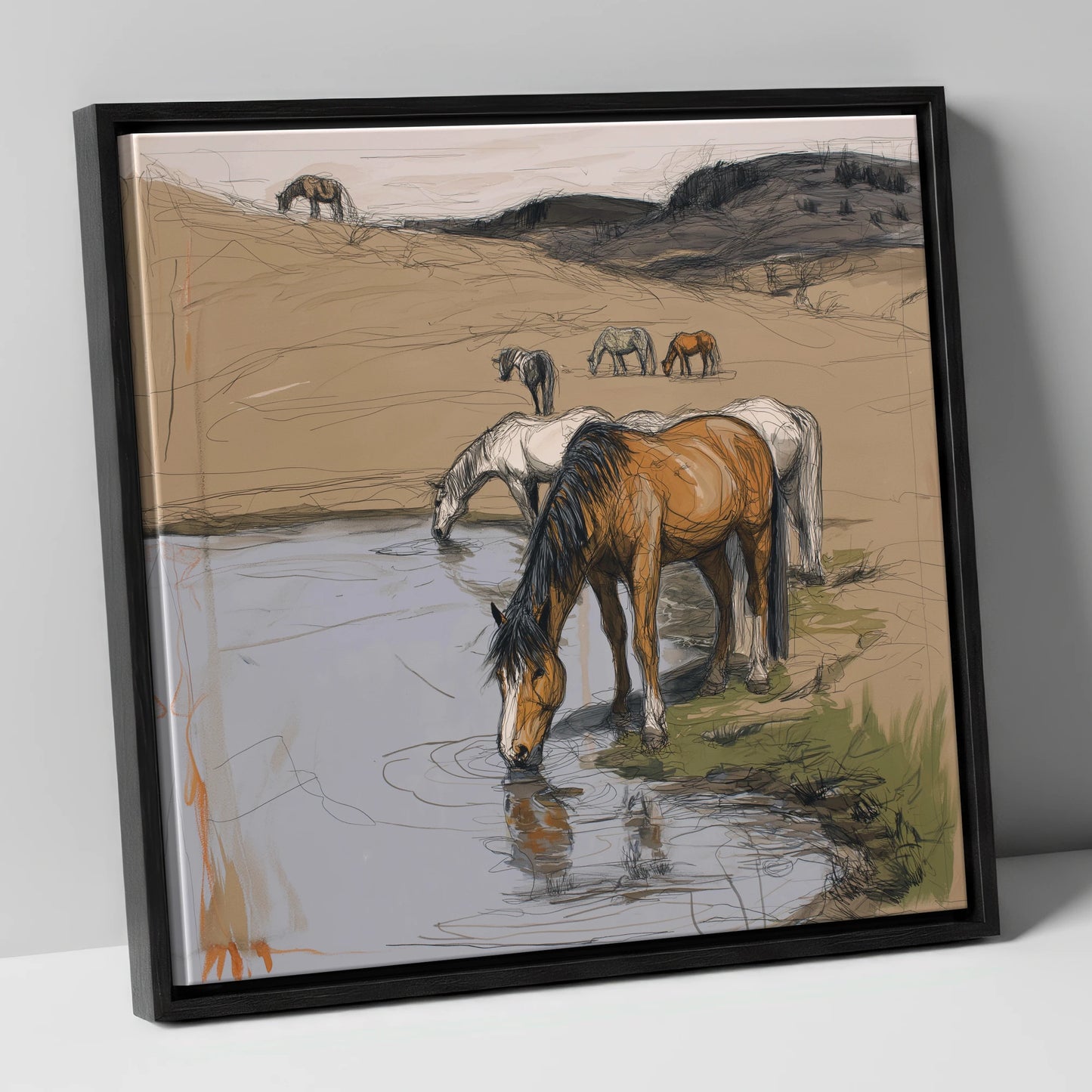 Quiet at the Waterhole wild horses canvas wall art in black frame