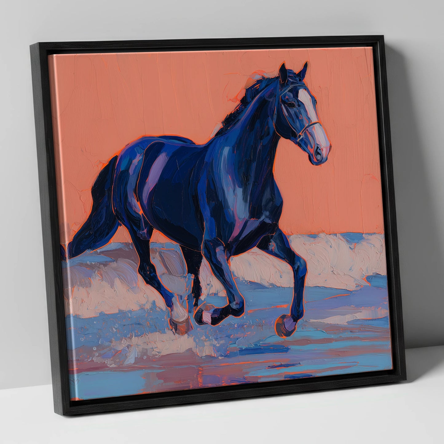 Vibrant Indigo Surf beach horse canvas wall art in black frame