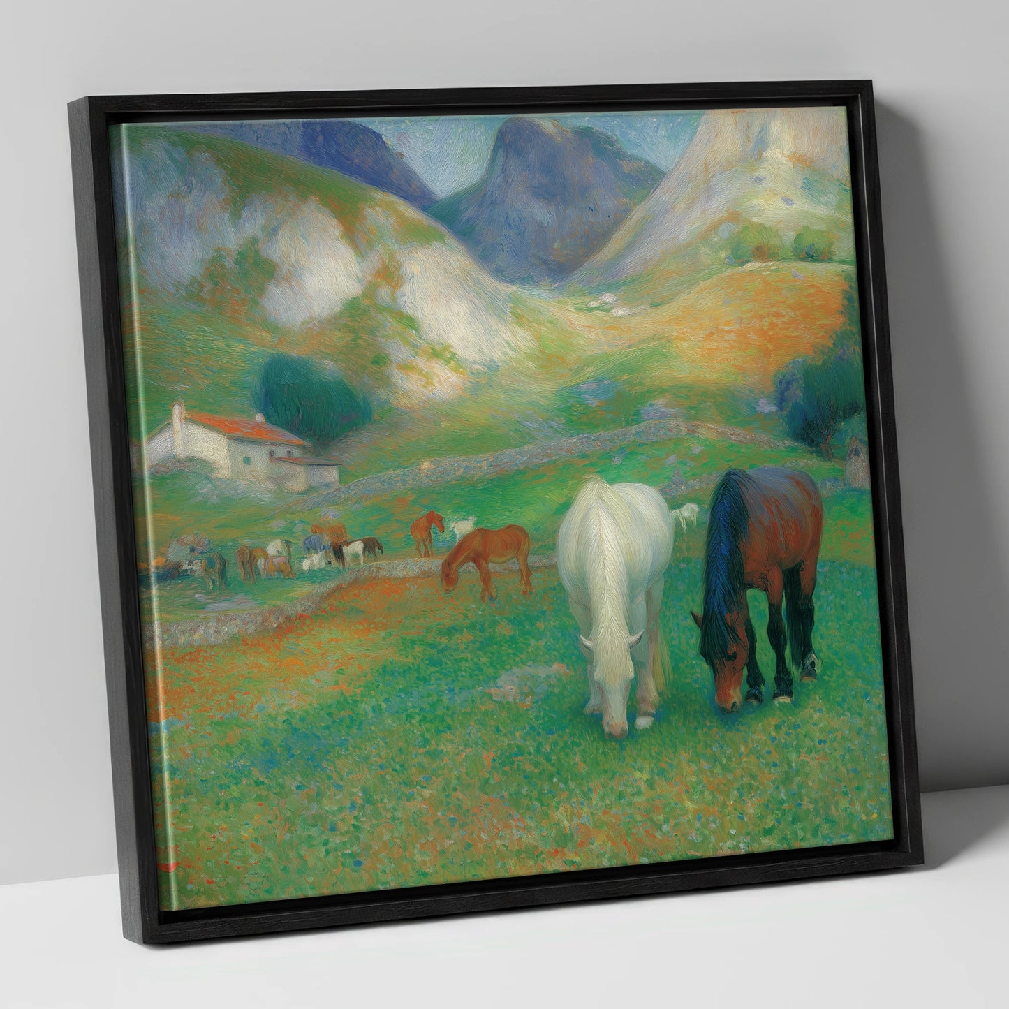 Vibrant Valley Pasture horse landscape canvas wall art in black frame