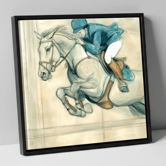 Suspended Flight show jumping horse canvas wall art in black frame