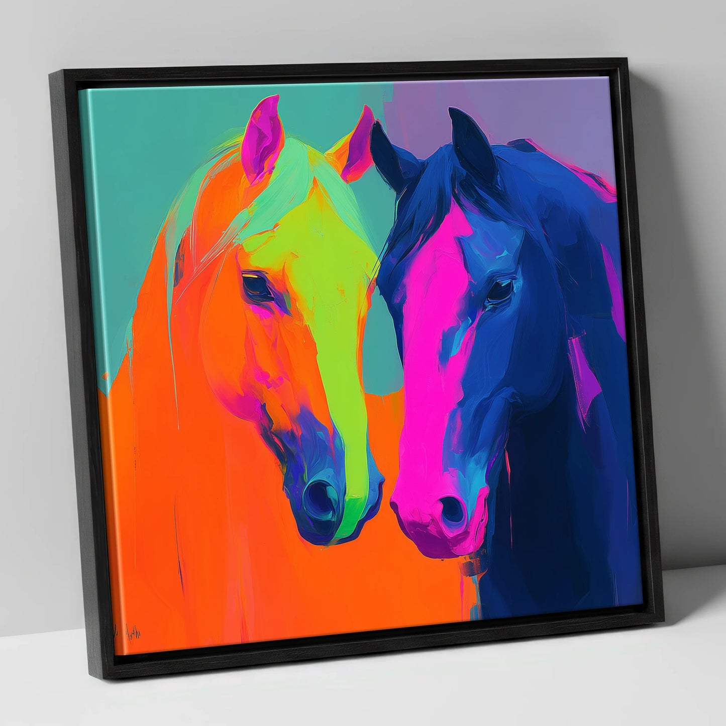 Neon Companions horse portrait canvas wall art in black frame