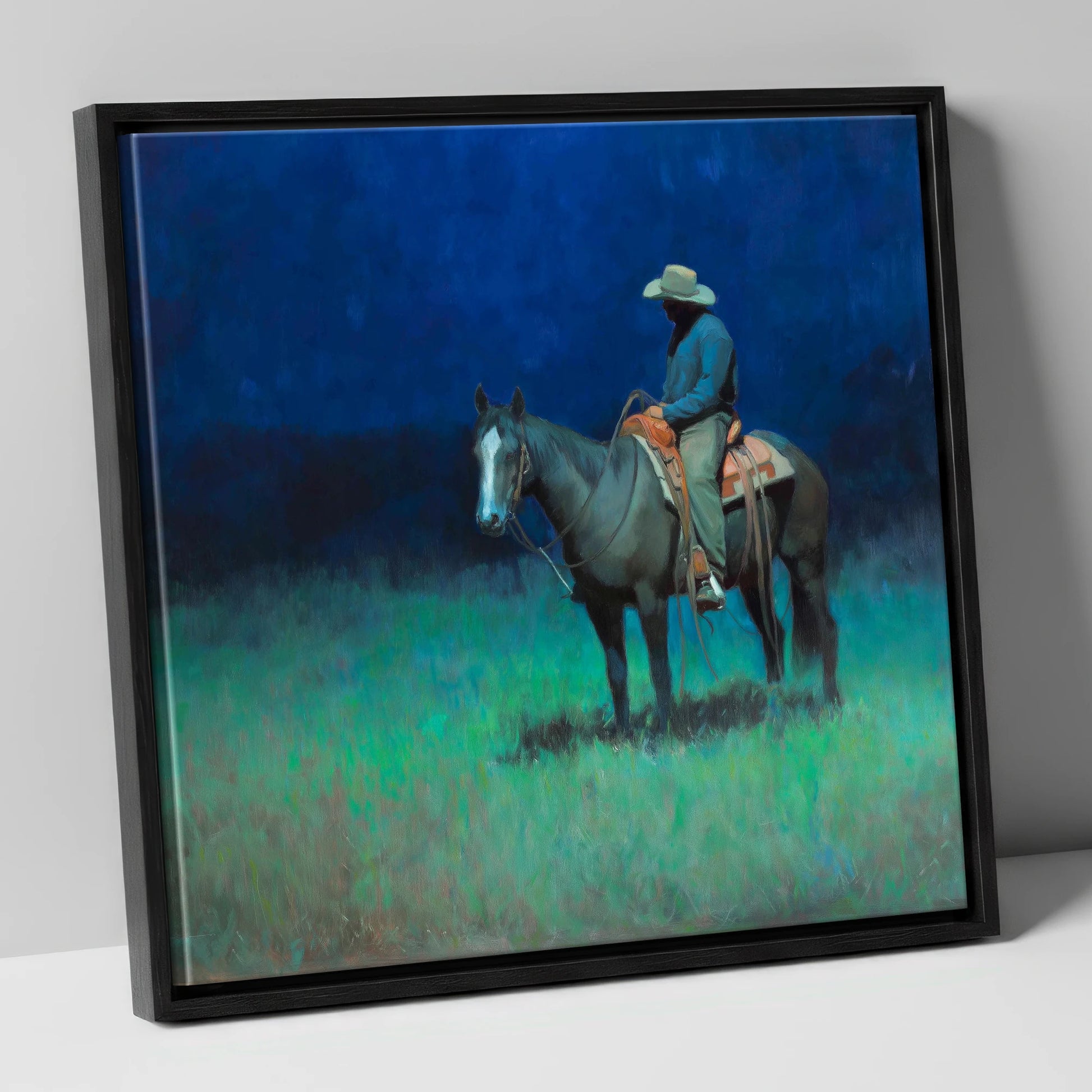 Indigo Silence western horse canvas wall art in black frame