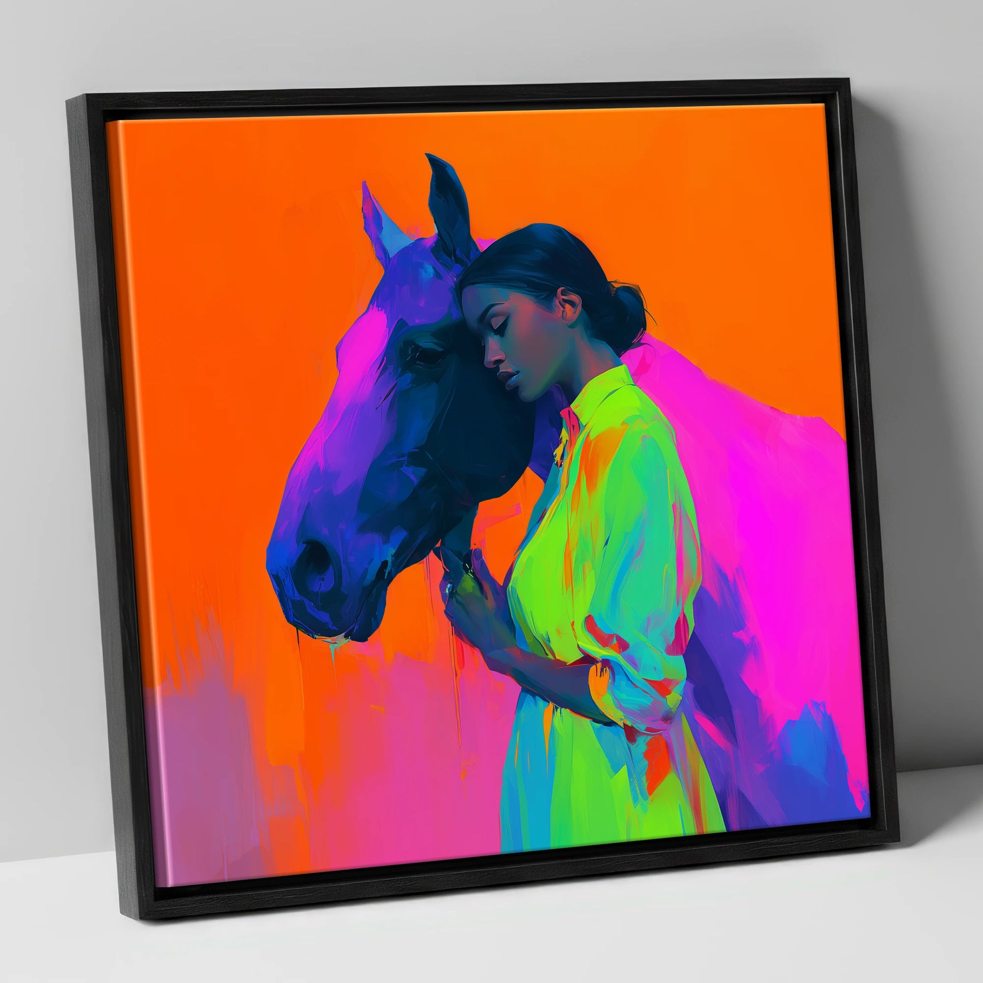 Technicolour Bond horse & rider canvas wall art in black frame