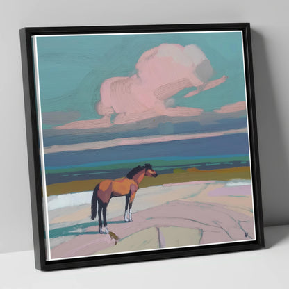 Rose Cloud Horizon horse landscape canvas wall art in black frame