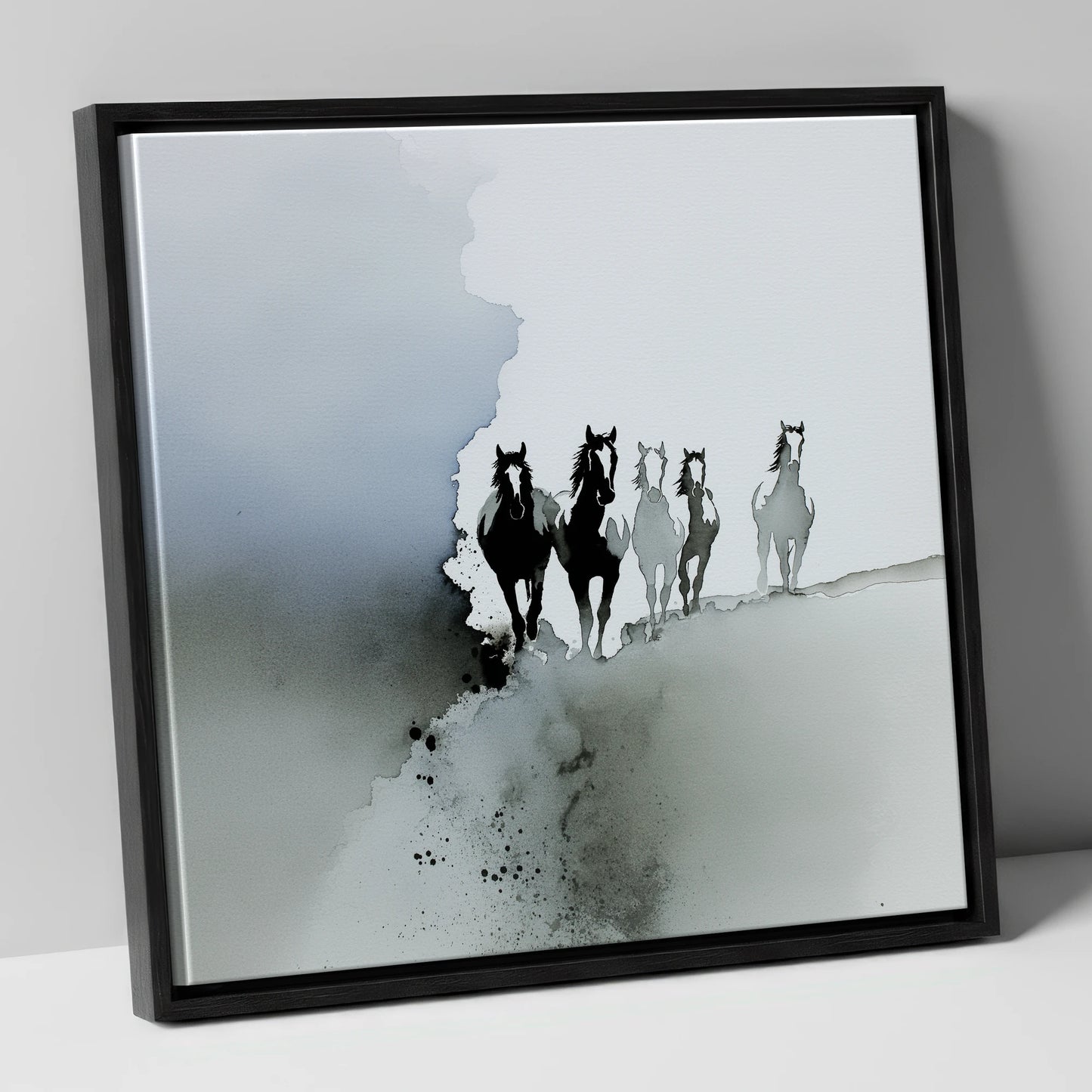 Emerging From the Mist wild horses canvas wall art in black frame