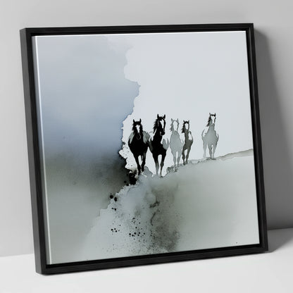 Emerging From the Mist wild horses canvas wall art in black frame