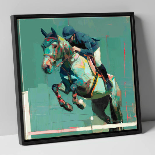 The Perfect Clearance show jumping horse canvas wall art in black frame