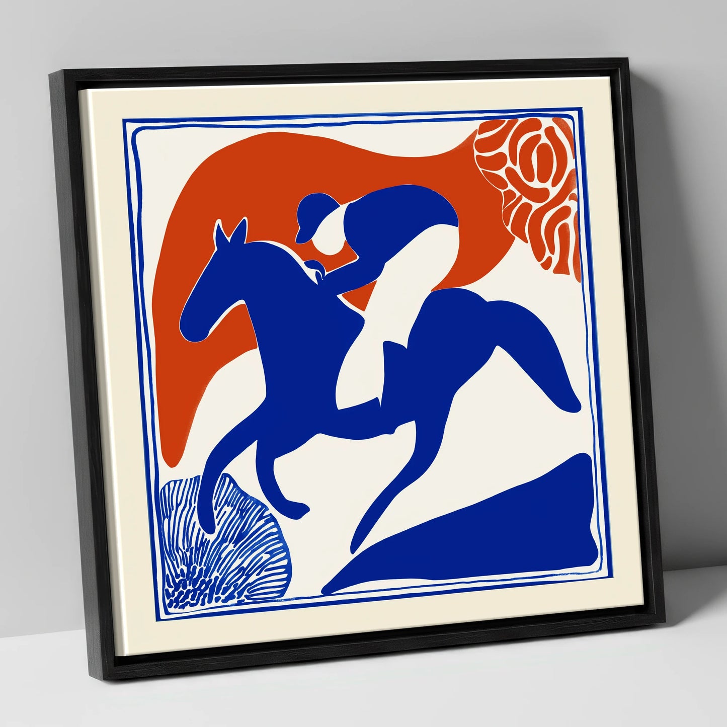 The Cobalt Furlong racing horse canvas wall art in black frame