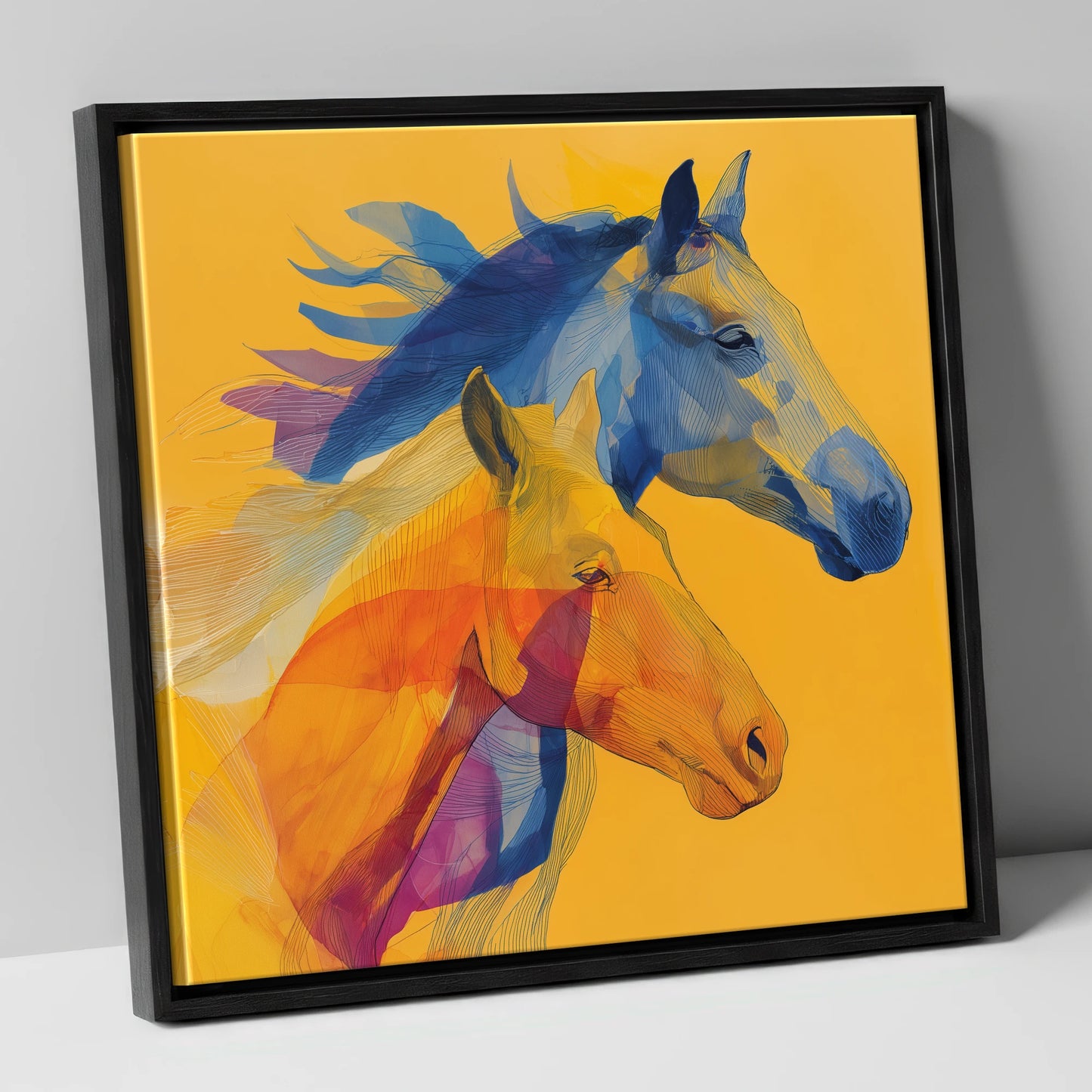 Cobalt and Amber Duet horse landscape canvas wall art in black frame