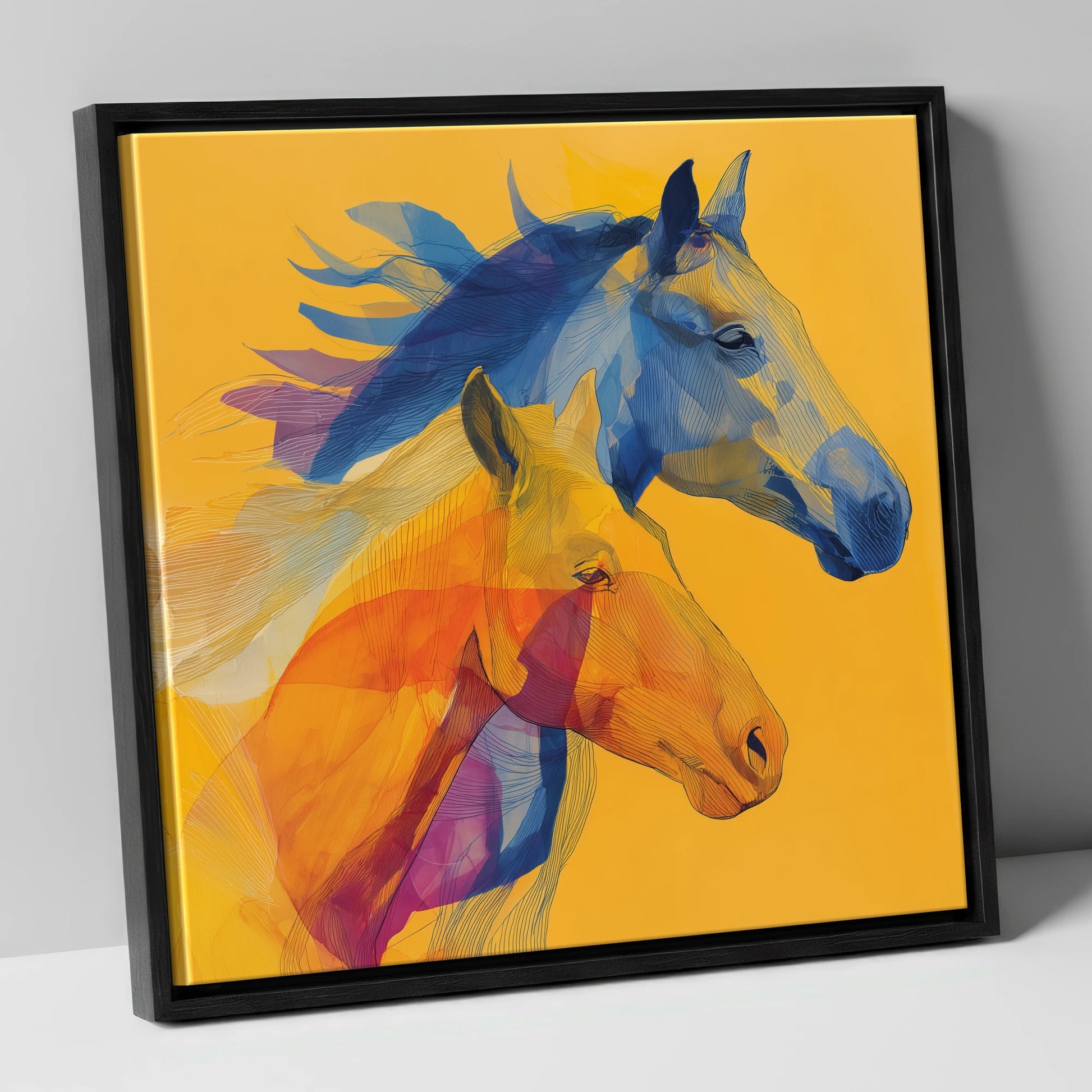 Cobalt and Amber Duet horse landscape canvas wall art in black frame