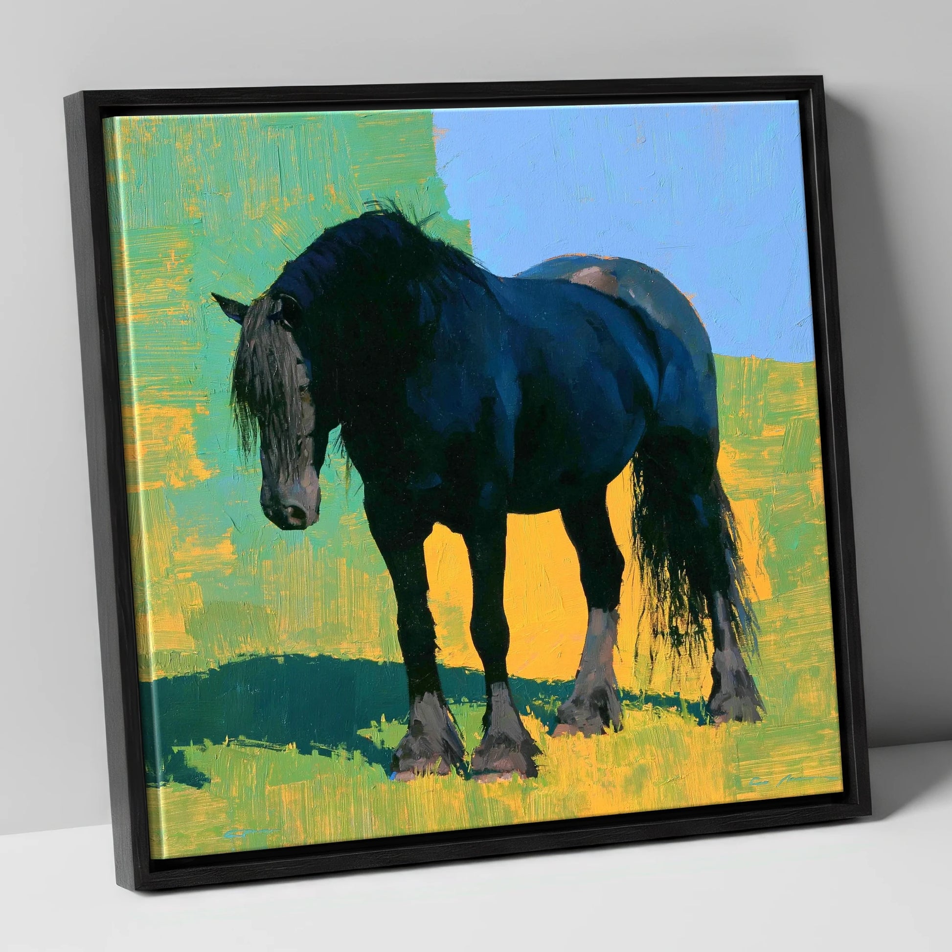 Black Horse Against Vibrant Yellow horse breed canvas wall art in black frame