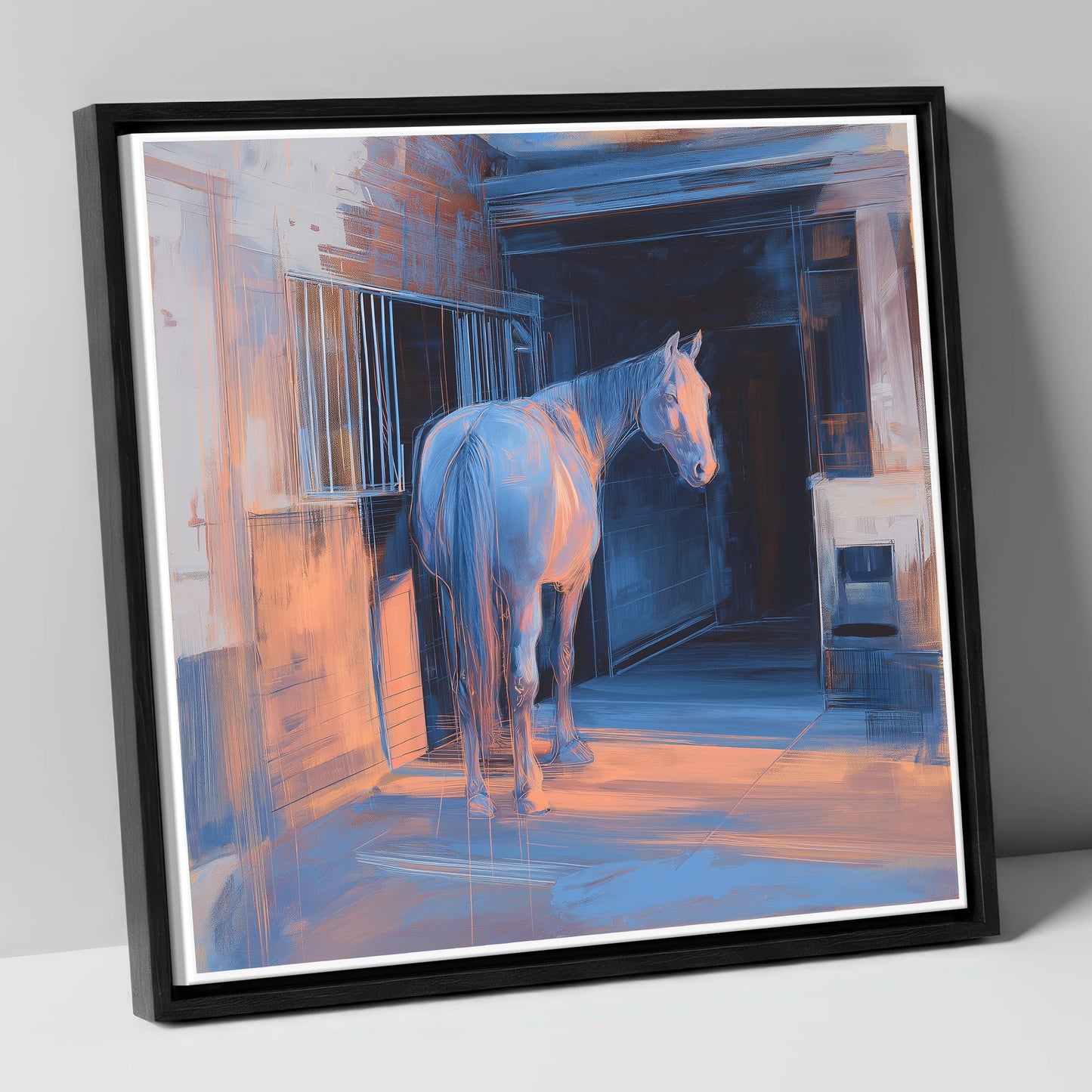 Quiet Light in the Yard horse stable canvas wall art in black frame