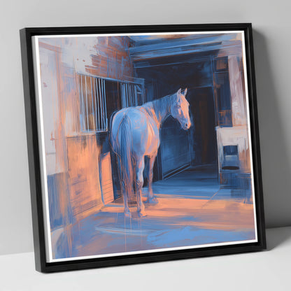 Quiet Light in the Yard horse stable canvas wall art in black frame
