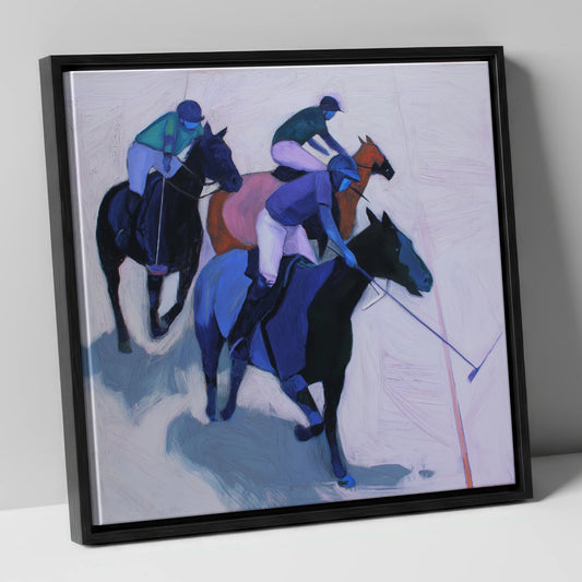 Midnight Pursuit on the Field polo horse canvas wall art in black frame