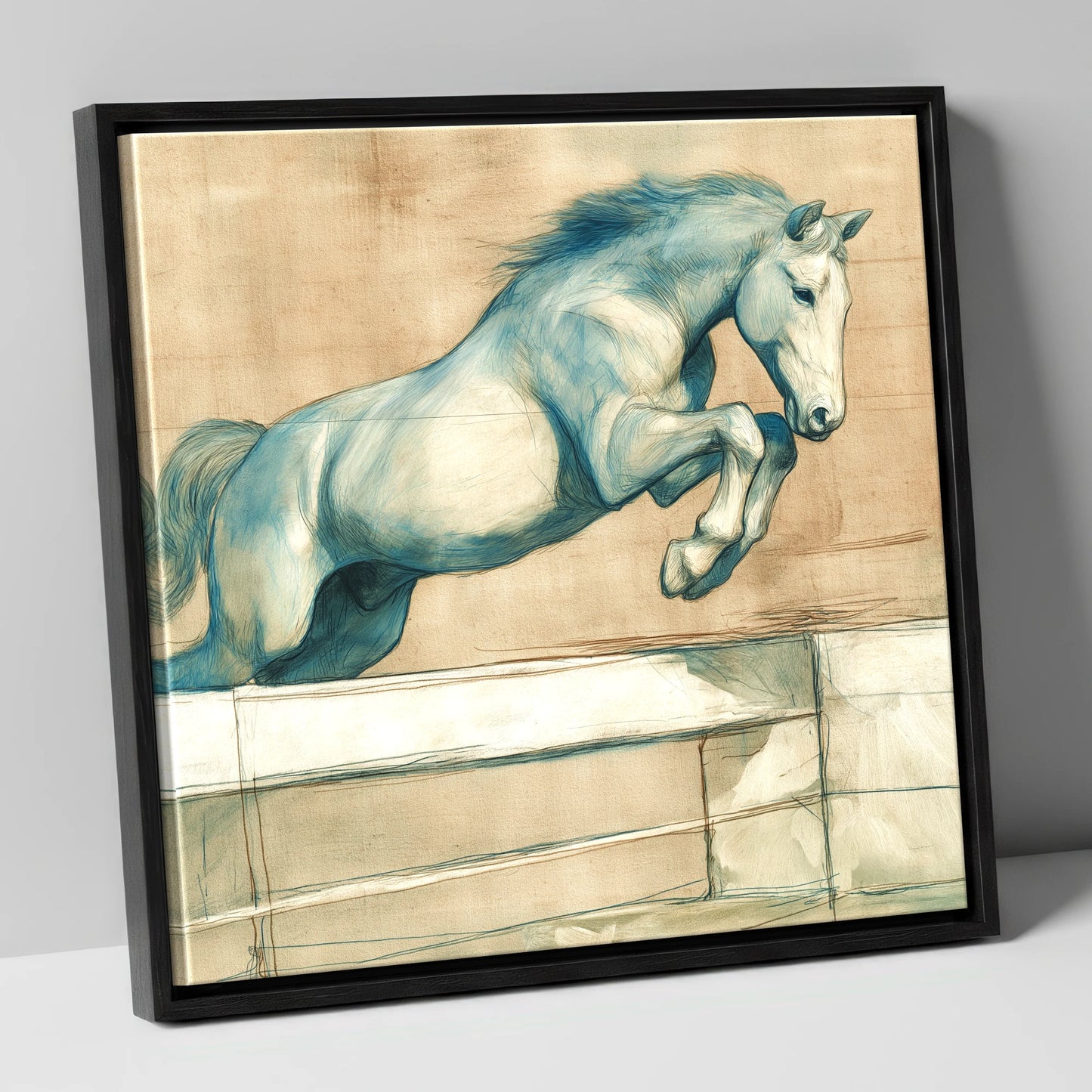 Airborne Grace show jumping horse canvas wall art in black frame