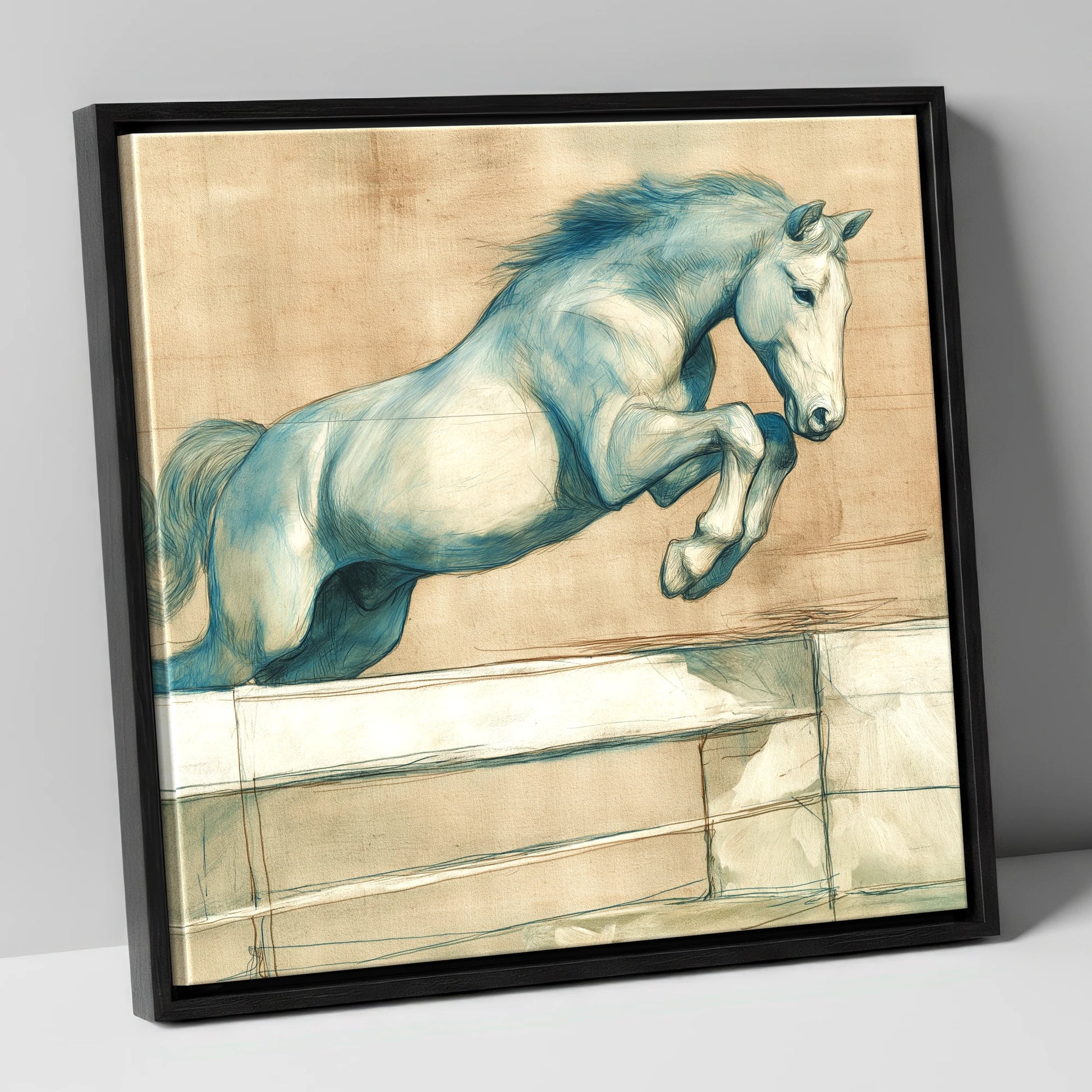 Airborne Grace show jumping horse canvas wall art in black frame