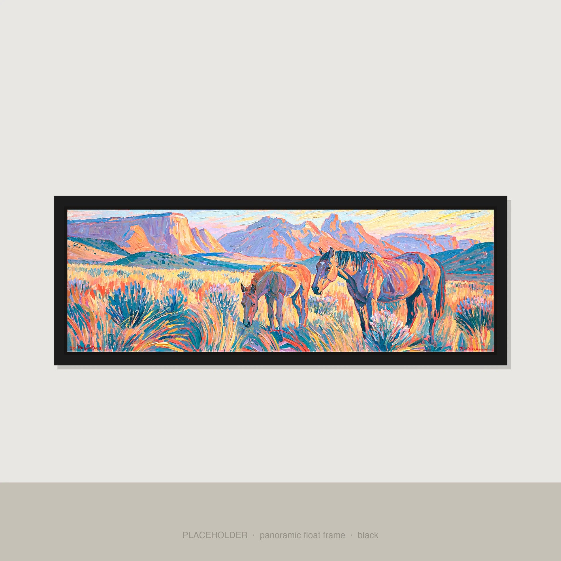 Painted Valley Grazing Horse Landscape panoramic canvas wall art in black float frame