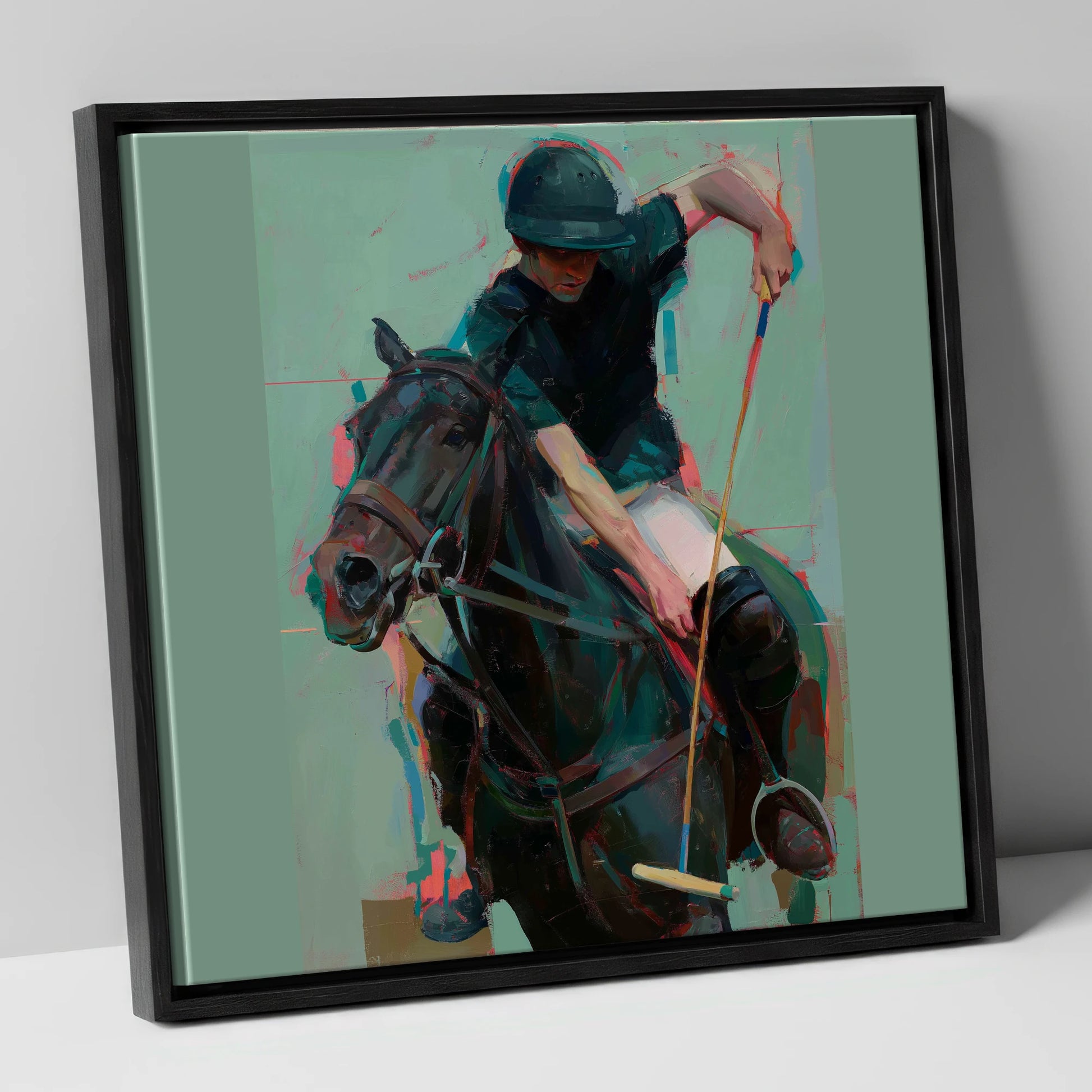 The Decisive Swing polo horse canvas wall art in black frame