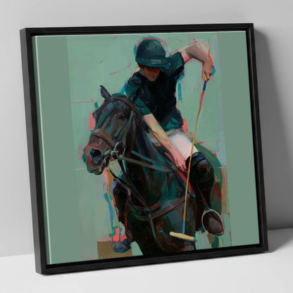 The Decisive Swing polo horse canvas wall art in black frame