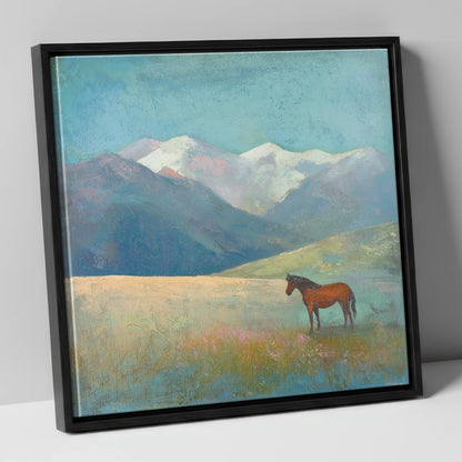 Alpine Solitude horse landscape canvas wall art in black frame