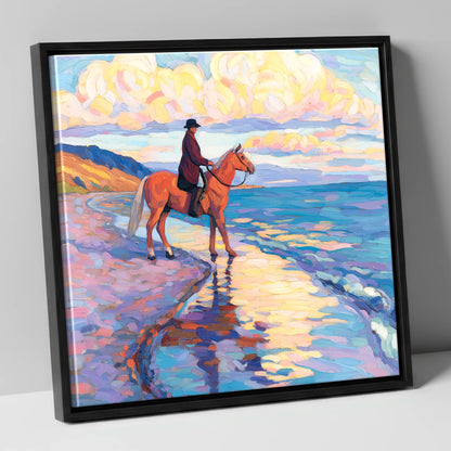 Sunset Coastal Reflections beach horse canvas wall art in black frame