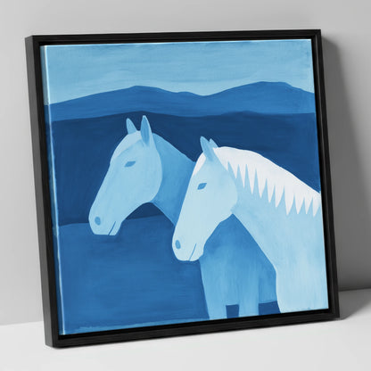 Azure Mountain Companions horse landscape canvas wall art in black frame