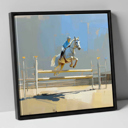 Sunlit Flight show jumping horse canvas wall art in black frame