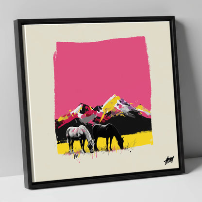 Vibrant Mountain Pastures horse landscape canvas wall art in black frame