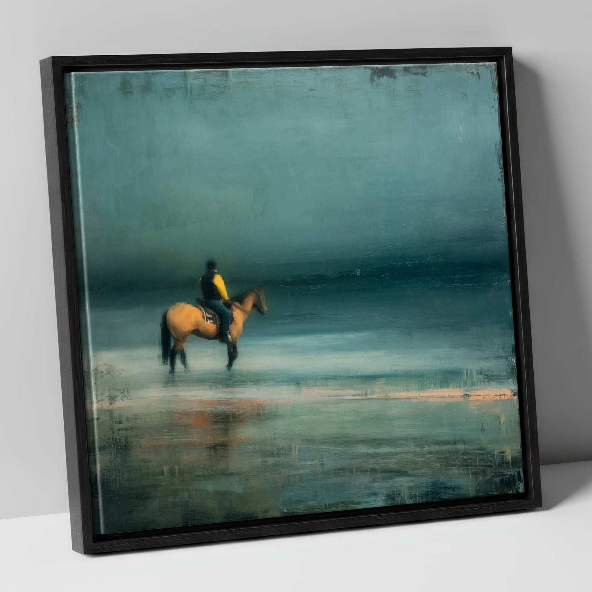 Teal Tide Rider beach horse canvas wall art in black frame