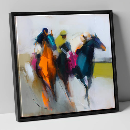 Abstract Racehorses in Bold Colour racing horse canvas wall art in black frame