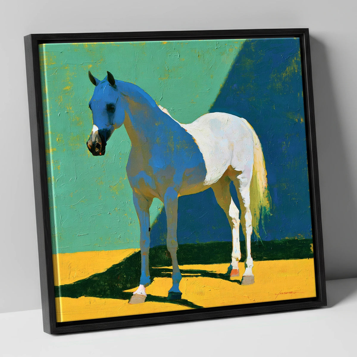 Grey Arabian with Blue Shadows horse breed canvas wall art in black frame
