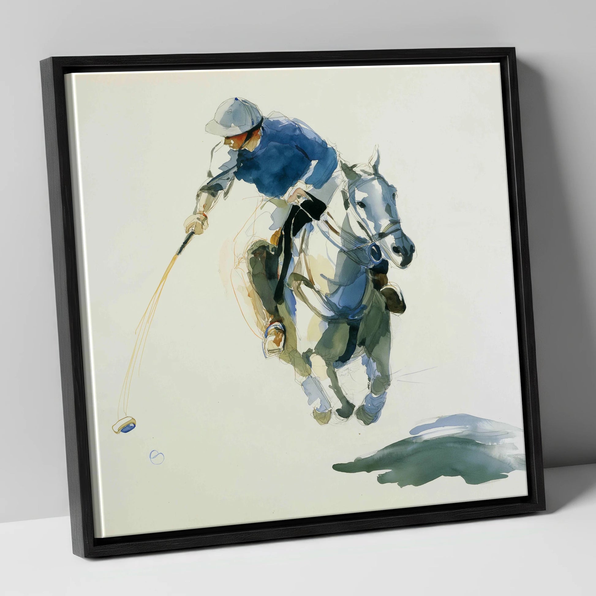The Decisive Downward Swing polo horse canvas wall art in black frame