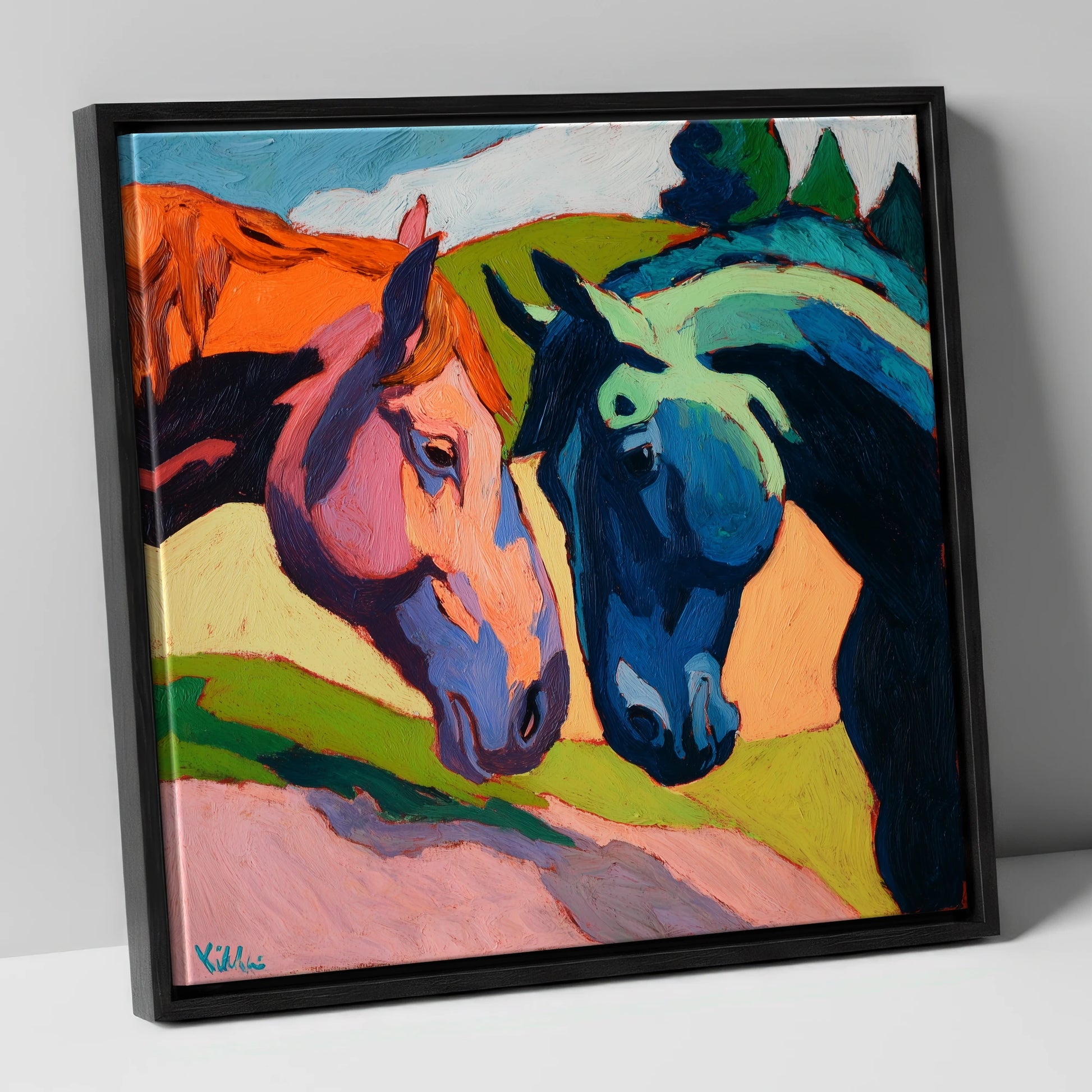 Vibrant Equine Connection horse portrait canvas wall art in black frame
