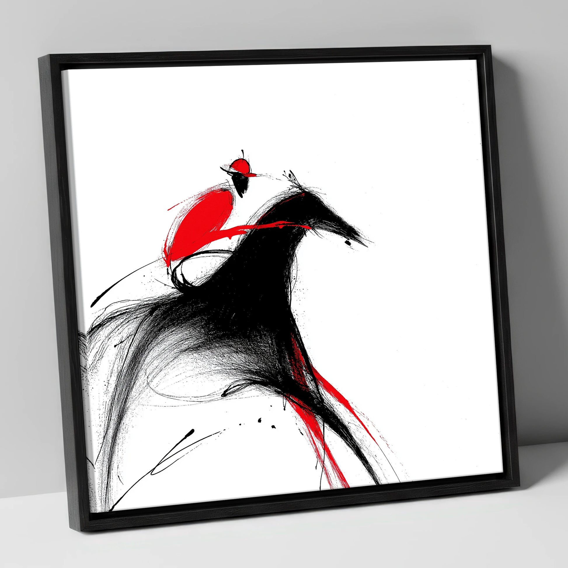 Crimson Pace racing horse canvas wall art in black frame