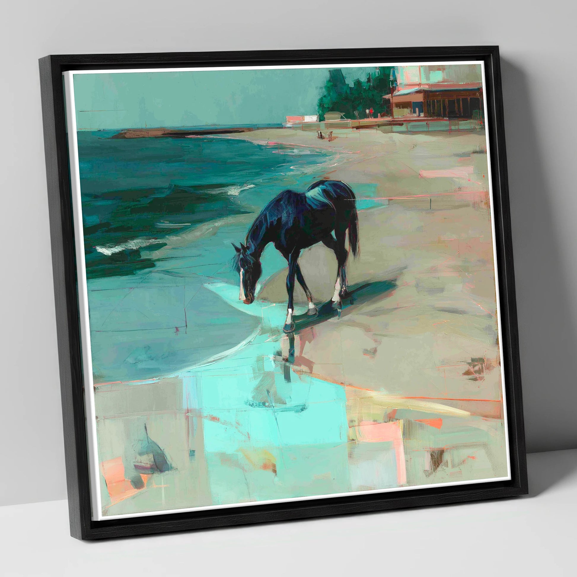 Coastal Solitude horse landscape canvas wall art in black frame