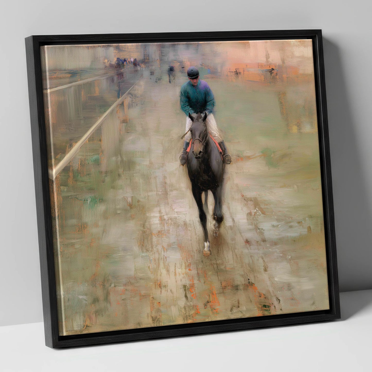 Dawn on the Turf racing horse canvas wall art in black frame